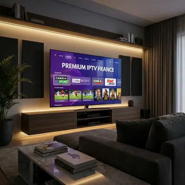 Salon avec un téléviseur mural affichant une interface IPTV, des chaînes de sport et de cinéma