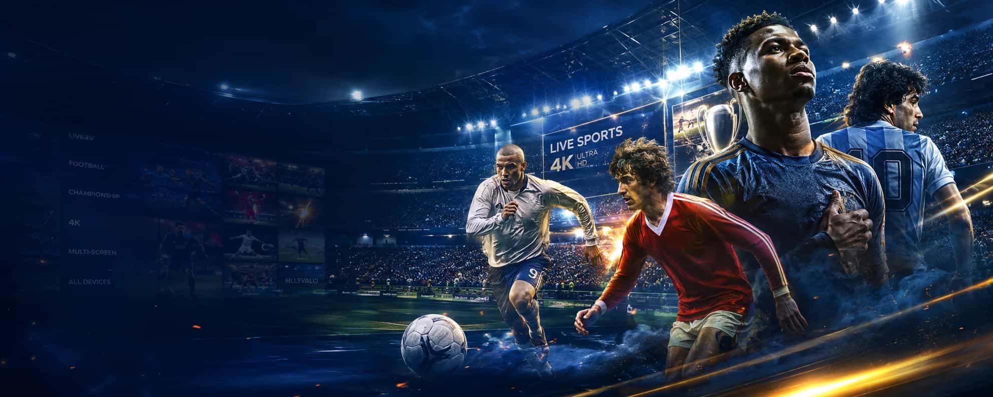 Joueurs de football en action dans un stade, avec la mention Live Sports 4K