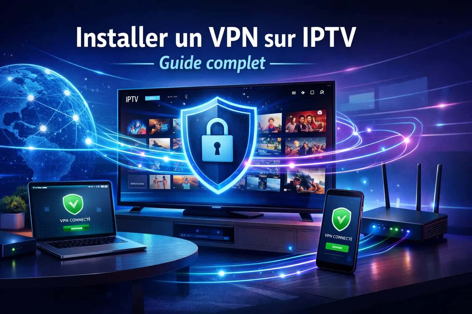 Téléviseur, ordinateur et smartphone devant un bouclier symbolisant un VPN