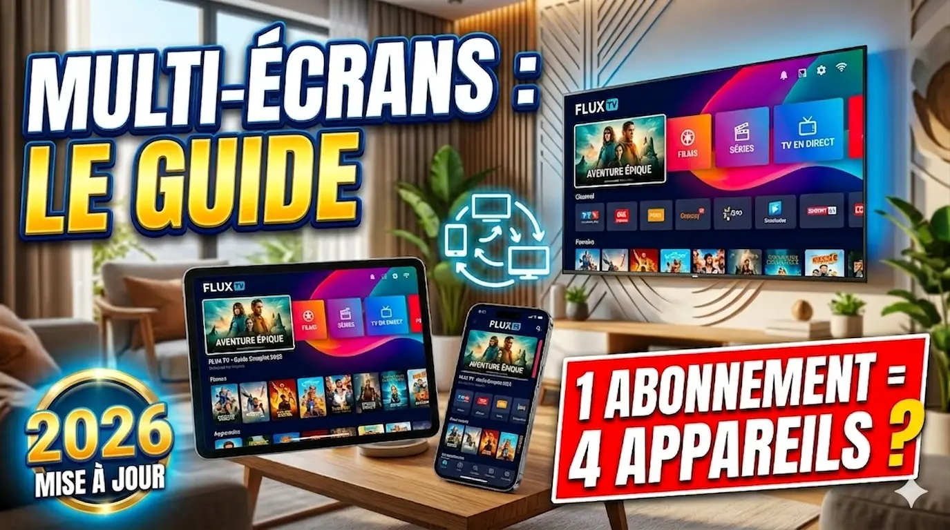 Smart TV, tablette et smartphone affichant le même service IPTV