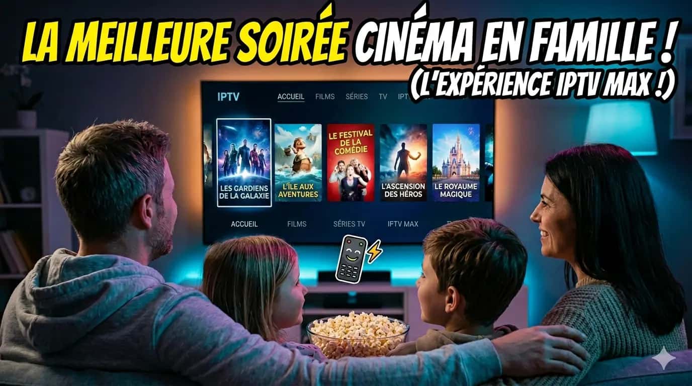 Famille assise sur un canapé devant un film, avec du pop-corn