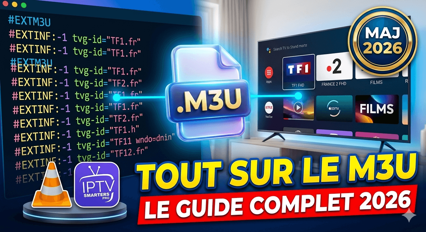 Infographie expliquant le format M3U, du code de la liste à l'interface TV