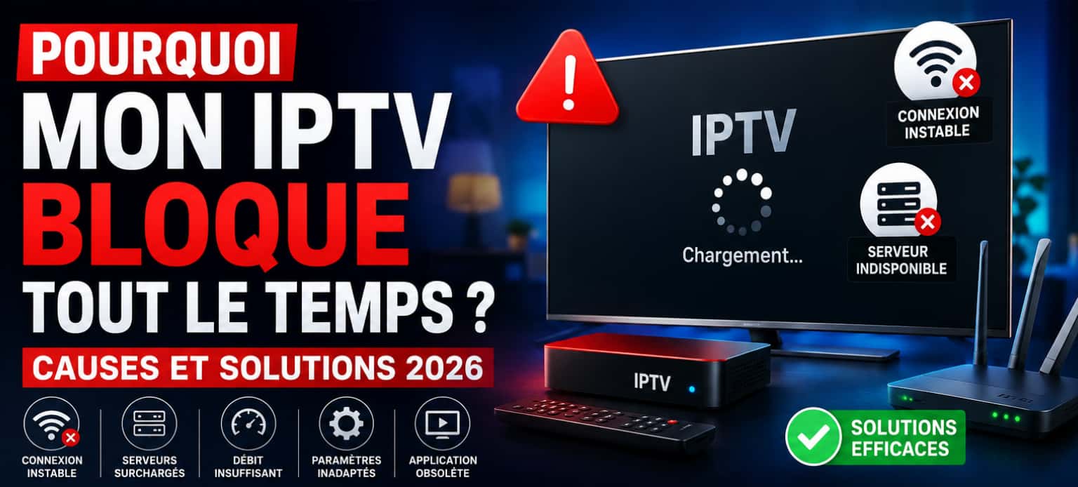 Schéma des causes de blocage IPTV : Wi-Fi, débit, serveur et réglages